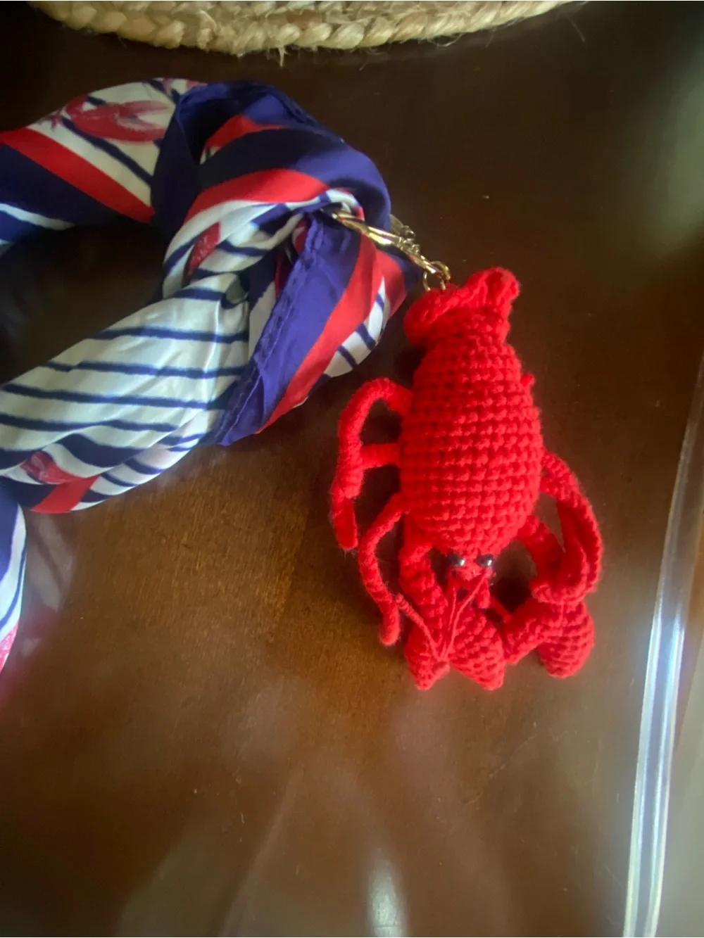 Trendy Red Crochet Lobster Keychain with Navy & White & Red Lobster scarf.
